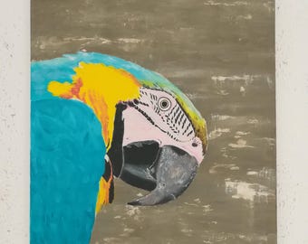 青と金色のコンゴウインコのオリジナルキャンバス絵画 - 熱帯の鳥の