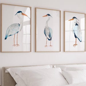 Set di stampe airone blu, 3 pezzi di arte murale, decorazione murale minimalista, decorazione per la stanza costiera, decorazione sopra il letto, poster dipinto di airone, stampato e spedito