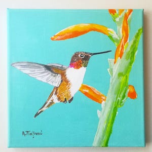 Original Hummingbird Painting on Canvas – 8x8&quot; Acrylic Bird Wall Art – Hand-Painted Tropical Wildlife Decor