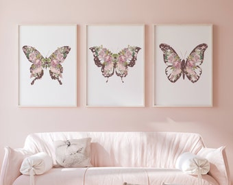 Butterfly print set of 3, Mauve taupe wall art, Floral nursery art, Butterfly and flowers nursery wall decor, Digital download