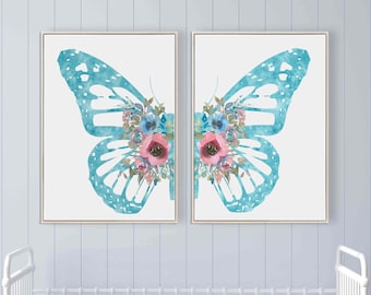 Blue butterfly print set of 2, Blue wall art, Boho floral nursery prints, Butterfly and flowers wings wall decor, Digital download