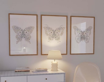 Gray white wall art, Butterfly print set of 3, Floral nursery art, Neutral gallery, Butterfly and flowers nursery decor, Digital download