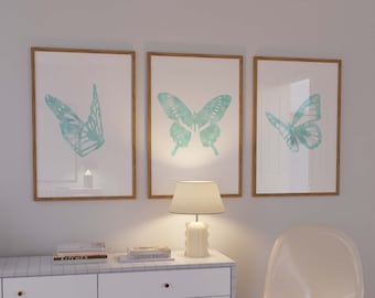 Set of 3 butterfly prints, Turquoise blue wall art, Printable, Abstract minimalist butterfly art, Blue preppy room decor, Digital download