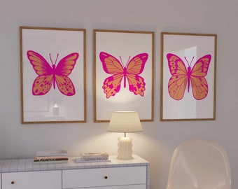 Pink orange wall art, Butterfly print set of 3, Preppy aesthetic teen girl room decor, College apartment wall decor,  Digital download