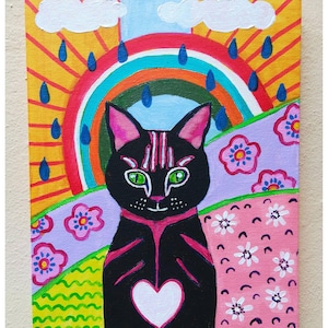 Folk art cat, Tuxedo cat painting on canvas, Cat and rainbow colorful wall art, Original whimsical animal art, Cat lovers gift, 8x10 in