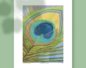 Lámina artística con diseño de pluma de pavo real, decoración bohemia azul y verde para recibidor, edición limitada.