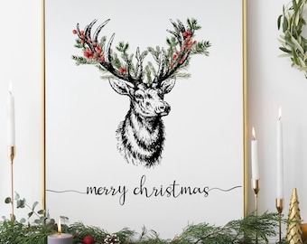 Christmas deer printable saying &quot;Merry christmas&quot;. Rustic holiday decor, Stag head print, Christmas wall art living room, Digital download
