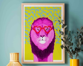 Pink lion print, Maximalist wall art, Eclectic home decor, Hot pink yellow poster, Quirky wall decor, Preppy dorm art, Lion with sunglasses