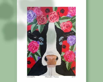 Limited Edition Floral Cow Art Print, Eclectic Farmhouse Kitchen Wall Decor