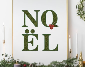 Noel Christmas Print, Green Typography Poster, Holiday Wall Art, Digital Download