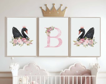 Personalized black swan print set of 3, Swan princess wall art, Floral nursery art, Baby name sign, Swan and flowers nursery decor, Printed