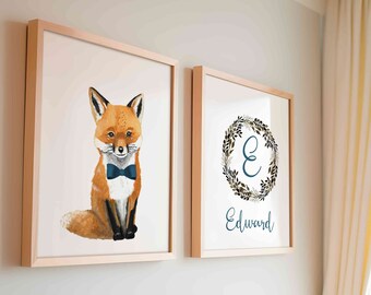 Woodland baby name wall art, Fox with bow tie print set of 2, Personalized letter print, Woodland nursery decor boy, Printed and shipped