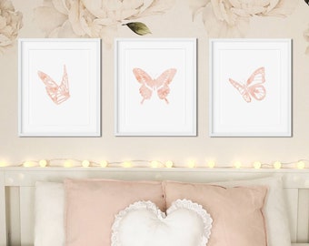 Butterfly prints set of 3, Blush pink wall art, Minimalist nursery decor, Monochrome playroom wall art, Triptych prints, Digital download