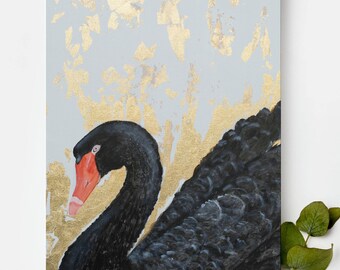 Black Swan Gold Foil Art Print, Modern Bird Wall Decor, Housewarming gift