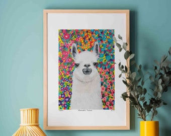 Vibrant colorful wall art, Llama painting art print, Maximalist eclectic wall decor, Unique bright and cheerful animal art, Limited edition