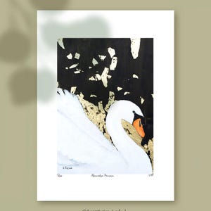 Swan Art Print A3 – White Swan Wall Art – Gold Leaf Painting Print – Elegant Bird Decor – Limited Edition Animal Print – Nature Wall Art