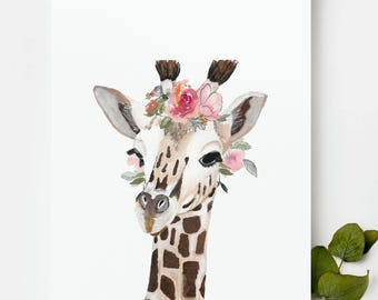 Quadro de girafa para quarto de bebê, arte de parede com animais e flores, decoração safari para quarto de menina