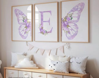 Butterfly Nursery Print Set, Lavender Floral Wall Art, Custom Baby Name Sign