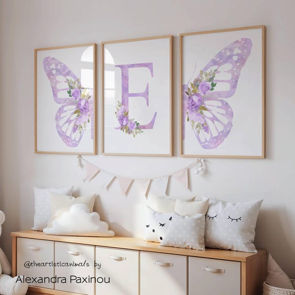Butterfly Nursery Art Prints Set, Lavender Floral, Custom Baby Name Sign