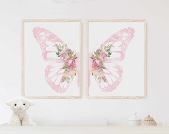 Light pink nursery wall art, Butterfly print set of 2, Boho floral nursery art, Butterfly and flowers wings wall decor, Printed and shipped