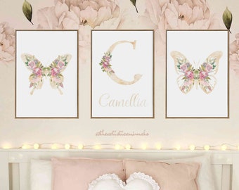 Blush pink baby name wall art, Butterfly prints set of 3, Floral nursery decor, Butterfly and flowers nursery wall decor, Digital download