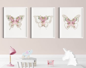 Blush pink grey wall art, Butterfly prints set of 3, Floral nursery decor, Butterfly and flowers nursery wall decor, Digital download