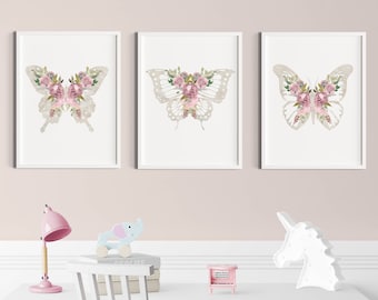 Juego de láminas infantiles con estampado floral de mariposas, arte de pared en rosa palo y gris, descarga digital.