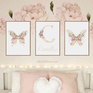 Blush pink baby name wall art, Butterfly prints set of 3, Floral nursery decor, Butterfly and flowers nursery wall decor, Digital download