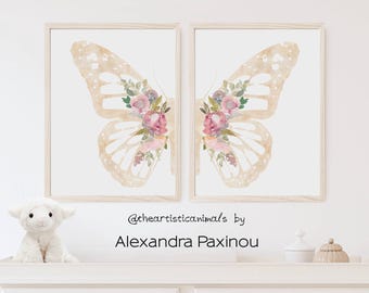 Blush pink nursery wall art, Butterfly prints set of 2, Boho floral nursery prints, Butterfly and flowers wings wall decor, Digital download