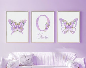 Purple butterfly wall decor, 3 prints set, Baby name wall art, Floral nursery art, Butterfly and flowers nursery decor, Digital download