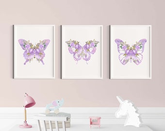 Purple wall art, Butterfly prints set of 3, Butterfly nursery decor, Butterfly and flowers nursery wall decor, Digital download