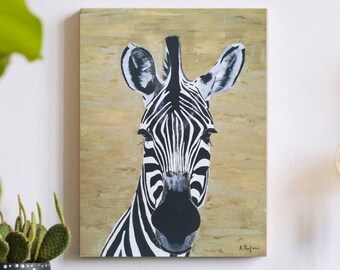 Zebra canvas art, Original acrylic painting on canvas, 16x20'' (40x50 cm), African animal decor, Zebra painting, Animal head wall art