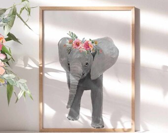 Elephant nursery art, Baby elephant animal print, Safari nursey decor girl, Elephant poster, Newborn girl nursery shelf decor gift, Printed
