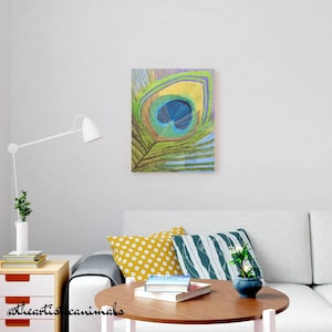 Green and blue peackock feather painting on stretched canvas, ready to be hang, size 16x20 inches (40x50 cm), the picture shows how the artwork looks on a wall in a modern colorful living room over the sofa