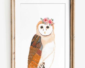 Barn owl with flowers art print, Baby girl room wall art, Floral woodland nursery decor, Forest birds, Owl gifts for kids, Printed Shipped