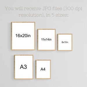 May include: Five different sizes of framed prints, including 16x20 inches, 11x14 inches, 8x10 inches, A3, and A4.