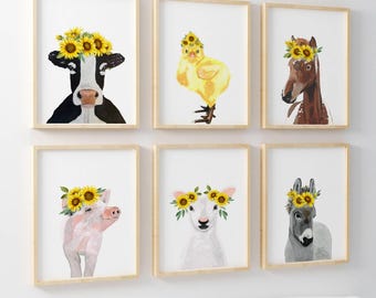 Sunflower Farm Animal Nursery Art Print Set, Yellow Baby Girl Room Wall Decor