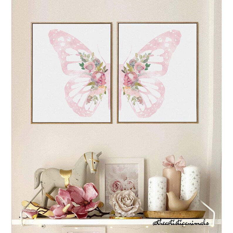 light pink butteflly wings with flowers print set of 2, printed and mailed, unframed. the picture shows how the diptych looks once framed in a nursery, displayed size 11x14 inches