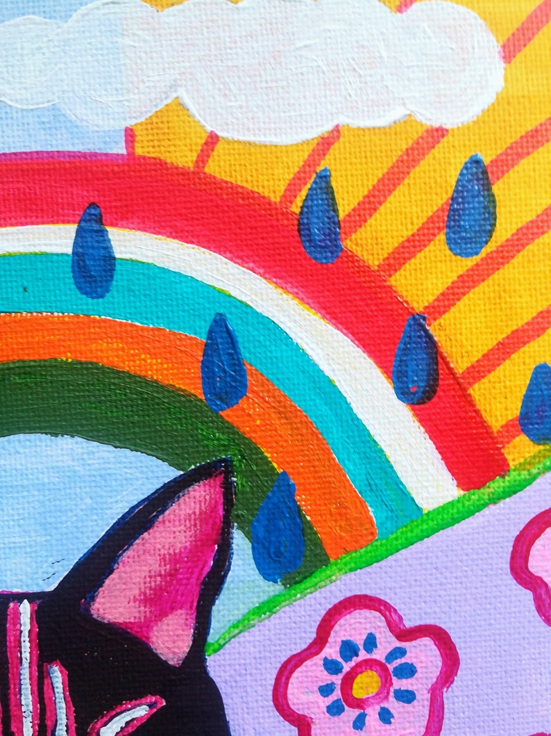 Folk art cat Tuxedo cat art painting Cat and rainbow wall Etsy