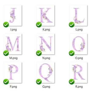 Op de afbeelding: Een set aquarel alfabetletters met paarse en witte bloemmotieven. De letters zijn J, K, L, M, N, O, P, Q en R.