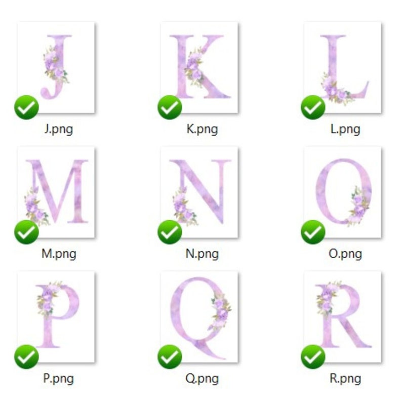 Op de afbeelding: Een set aquarel alfabetletters met paarse en witte bloemmotieven. De letters zijn J, K, L, M, N, O, P, Q en R.