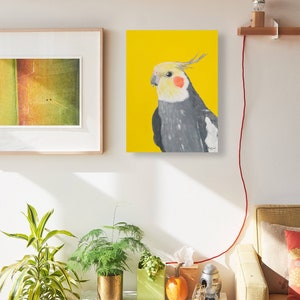 Cockatiel painting on canvas, Original acrylic artwork 16x20 inches, Tropical bird art, Yellow wall art image 2