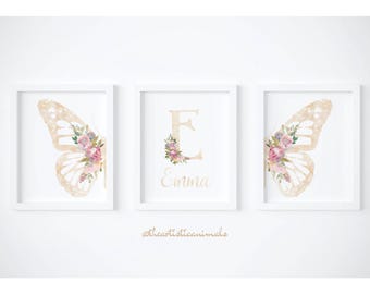 Butterfly print set of 3, Blush pink wall art, Floral nursery art, Baby name sign, Butterfly and flowers nursery decor, Digital download