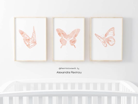 Blush Pink Butterfly Print Set of 3, Minimalist Nursery Wall Art, Digital Download