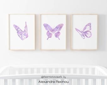 Butterfly watercolor prints set of 3, Purple wall art, Minimalist nursery decor girl, Triptych prints, Girl nursery art, Digital download