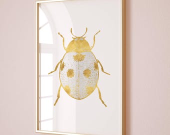 Lámina de mariquita dorada, arte mural de insectos en blanco y dorado, descarga digital.
