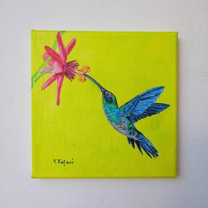 Blue Hummingbird painting on canvas, Original bird wall art 8x8&#39;&#39; (20X20 cm), Tropical bird and flower wildlife decor