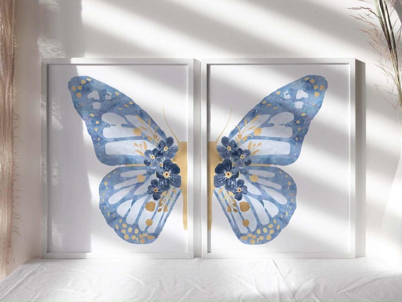 Blue Gold Butterfly Nursery Prints, Boho Floral Wall Art (set of 2) - Etsy