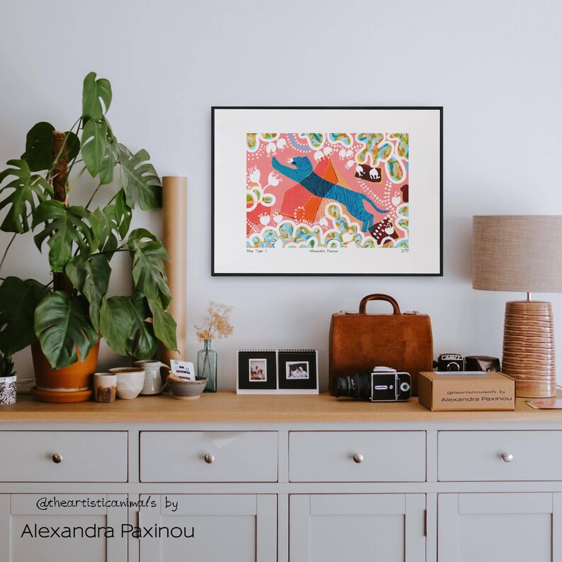 Limited edition art print of my original Blue Tiger I. acrylic painting. The Tiger is surrounded by minoan inspired abstract forms, shapes and flowers. unframed, how it looks framed on wall
