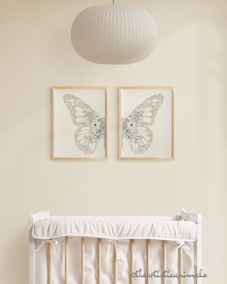 Grey Nursery Wall Art Butterfly Prints Set of 2 Boho Floral Etsy